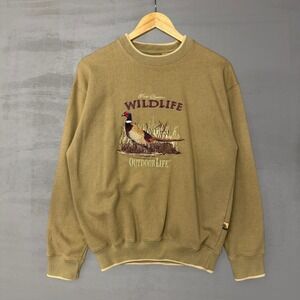 Vintage Wildlife Pheasant Embroidered Crewneck Sweatshirt Tan Cotton Blend Small